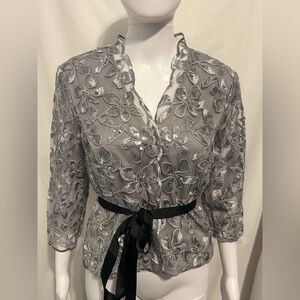 Rare Vintage Alex Evenings Sz MP Floral Sequin Silver Tie Blouse Elegant Formal